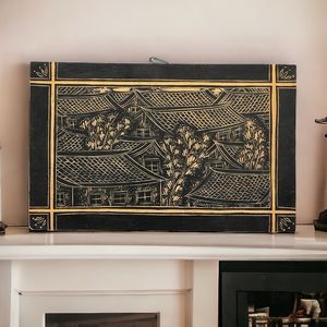 Engraved Wood Wall Art Japanese Village Painted Black 11-3/4”W x 7-1/4”H EUC